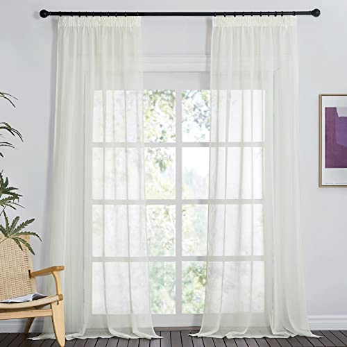 PONY DANCE Voilage Beige - Rideau Voilages Décoration Salon Moderne pour Maison Chambre en Lin Effet à Galon Fronceur Romantique, L140 x H245cm（Largeur x Hauteur）, Lot de 2, Beige Pur