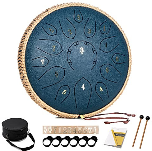 HOPWELL Steel Tongue Drum - 15 Note 12 Inch Tongue Drums - Percussion Instruments - Hand Pan Drum with Music Book, Drum Mallets and Carry Bag, D Major, Navy Blue