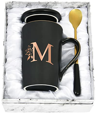 Joymaking Personalisierte Tasse mit Buchstaben Kaffeetasse mit Blumen Motiv, Namen Initiale persönliche Geschenke Kaffeetasse für Frauen Freundin, M - 400ml Schwarz