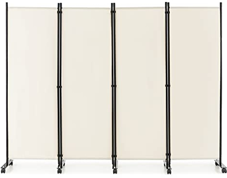 COSTWAY 225 x 173cm Raumteiler auf Rollen, Paravent 4 teilig, Trennwand faltbar, Sichtschutz (Beige)