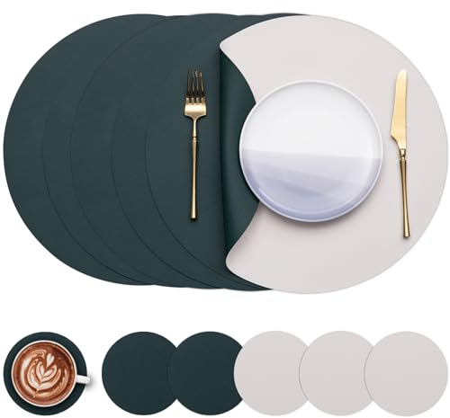 Myir JUN Tischsets 6er Set, Tischsets Abwaschbar Platzsets Rund Ø 38cm Platzdeckchen Rund Doppelseitigen rutschfest Platzsets Kunstleder Leder Tischset Lederoptik (Beige Grün, 6er Set)