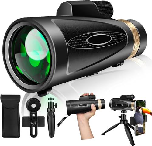 Telescopio monocular de 80 x 100 de alta potencia con adaptador de smartphone, trípode, monoculares de visión más grandes para adultos con prisma BAK4 y lente FMC, adecuado para observación de aves,