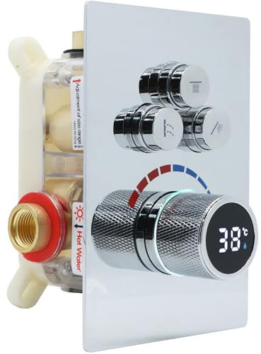 Delnet Solid Brass Shower Mixer Valve, Concealed 3 Way Outlet Digital Display Diverter Valve, Can Use All Options at A Time, Chrome