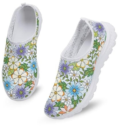 Kuiaobaty Damen-Schlupfschuhe, Netzstoff, flache Schuhe, Boho-Streifen, Cartoon, Katze, Wolf, Blume, Wanderschuhe, leichte Freizeitschuhe, Frühlingsblumen-Blüte, 39 EU