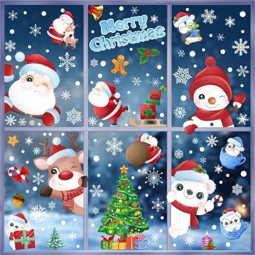 AUGSUN Stickers Noël Fenêtre, 200 Pcs Autocollants Noël Fenêtre de Décoration DIY, 9 Feuilles d’Décoration Vitrine Noël, Autocollants Vitre Noël Réutilisables Électrostatiques