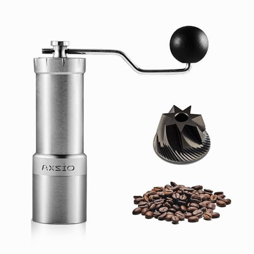 AXSIO Macinacaffè manuale con fresa conica in acciaio inossidabile CNC, macinacaffè manuale per uso domestico, impostazione interna regolabile con capacità di 30 g, argento