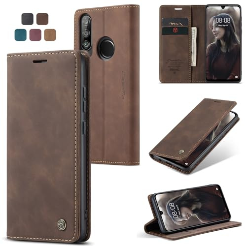 owlhold Handyhülle für Huawei P30 Lite/Nova 4E Hülle Premium Lederhülle Weiches Vintage-Nubukleder Faltbare Ständer Schutzhülle Kartenfach Standfunktion klapphülle Huawei P30 Lite/Nova 4E -Kaffee