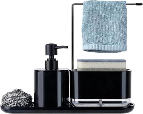 TOTSUN Sink Organiser, Kitchen Dishwashing Liquid Dispenser Set, Soap Dispenser Set, 3 in 1 Soap Dispenser Kitchen Sponge Holder, Sink Organiser for Kitchen Sink Black