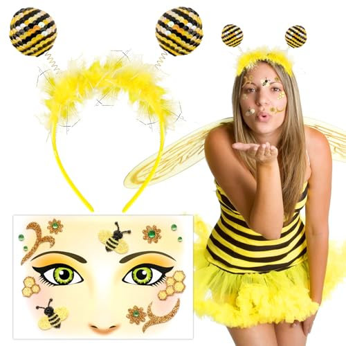 BOOMTOP Biene Kostüm Haarreif Biene mit Wackel Bommeln Karneval Kostüm Geischtstattoo Biene Temporäre Tattoos Fasching Kostüm Haarschmuck Accessoires Mottoparty Cosplay