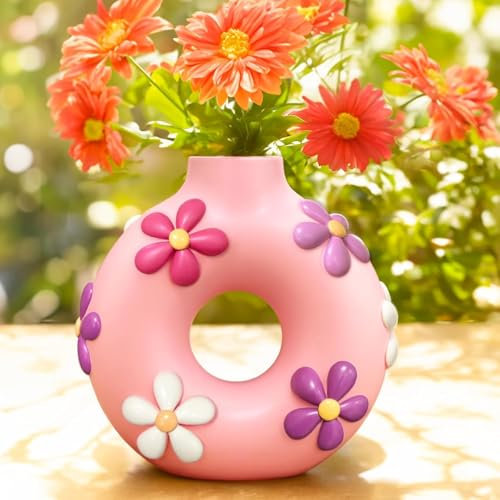 AmiCera Bunte Donut Vase für Blumen, Moderne Boho Kreis Blumenvase Deko Wohnzimmer, Einzigartige Dekorative Hohle Runde Blumen Vasen, Eklektische Ästhetische Gartenarbeit Geschenke, Rosa