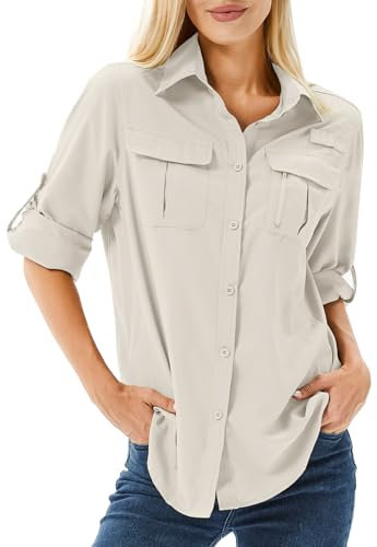 Women's UPF 50 Shirts Long Sleeve Sun Protection UV Quick Dry Casual Outdoor Safari Walking Fishing Hiking Travel Shirts(Light Khaki-m)