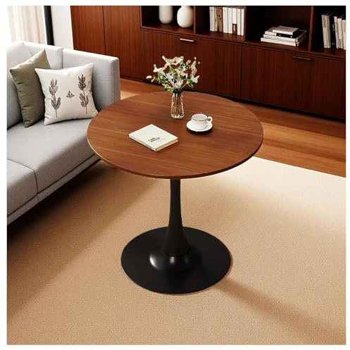 Runden Holz Esstisch Klein Tulpentisch Für 2-4 Person, Retro Nussbaum Küchentisch Für Küche, Freizeit Holz Mitte Des Jahrhunderts Moderner Tisch Mit Metall Sockelbasis Für Cafe, Wohnz(Size:70x70x75cm)