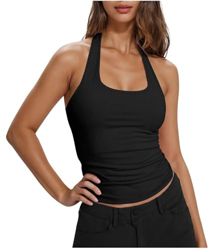 Halter Neck Vest Tops Women UK Sale Clearance Slim Fit Y2K Top Trendy Clothing Square Neck Solid Sleeveless Crop Shirt Stretch Vest Skinny Tank T-Shirt Comfort Summer Shirts Gym Tops for Women UK