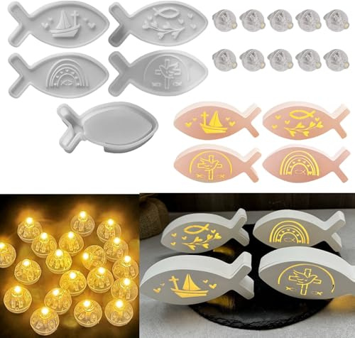 Silikonformen Gießformen Fisch, 4 Stk Silikonform Ostern Fisch Mit 10 Stk LED Ballons Lichter, Silikonformen Gießformen Frühling, Gießformen Silikon Fisch Gibs Zum Gießen Gießform Ostern