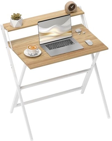 HOMCOM Folding Desk with Monitor Shelf, 81.5 cm Foldable Computer Desk for Small Spaces, Space Saving Writing Table Workstation for Home Office, Study, Easy Assembly, Natural Wood Finish
