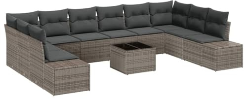 vidaXL 10-teiliges Garten-Sofaset mit Kissen, modular, für den Außenbereich, Grauer Tisch, wetterfest, Polyrattan für Balkon, Terrasse, Lounge-Möbel, modern, UV-beständig