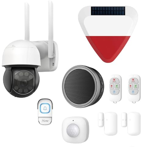 KYF Kit de Sécurité Connecté, Système d'Alarme WiFi 2.4GHz, Radio 868MHz, Caméra Full HD Motorisée, Sirène Solaire Extérieure 125dB, Installation sans Fil