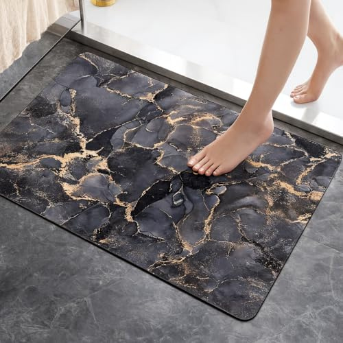 RAYGU Quick-Dry Diatomite Bath Mat, Non-Slip Marble Pattern Bathroom Rug, Ultra-Thin Easy-Clean Water-Absorbing Mat for Shower, Tub & Sink (Golden Lines, 40CM*60CM)