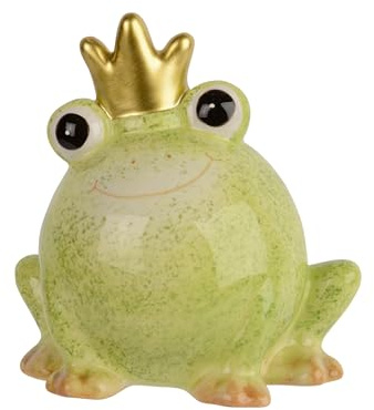 Dekofigur Frosch mit Goldener Krone 14,5cm Keramik - Dekofrosch zum Stellen - Keramikfigur Tierfigur Gartendeko Wohndeko - Gartenfigur Deko - Grün