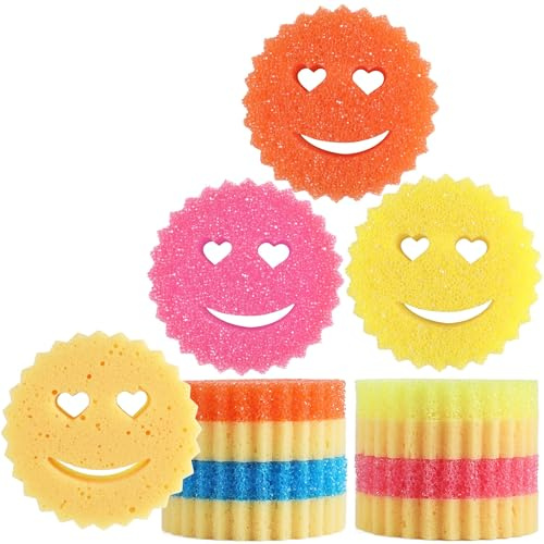 8 Pack Kitchen Sponges, Dual Sided Smiley Dish Sponges | Colorful Scourers Cleaning Sponges for Dishwashing, Bathroom, Washing Up