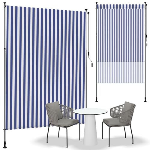 YRHome Store vertical 100 x 310 cm imperméable et protection UV avec manivelle sans perçage - Brise-vue extensible - Pour jardin, terrasse, balcon (bandes bleues et blanches)