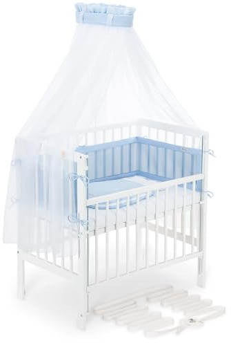 FabiMax Boxspring Baby Beistellbett Flex 90x55 Komplettset, aus Buchenholz weiß lackiert, mit innovativem verstellbarem Seitengitter, passend für Boxspringbetten (Blau, Classic 90x55)
