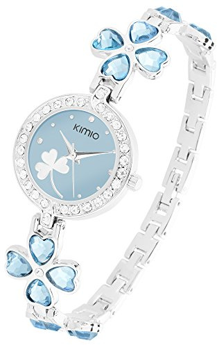 Taffstyle Damen-Armbanduhr Analog Quarz mit Metall-Armband Strass Kristall Herzen Kleeblatt Uhr