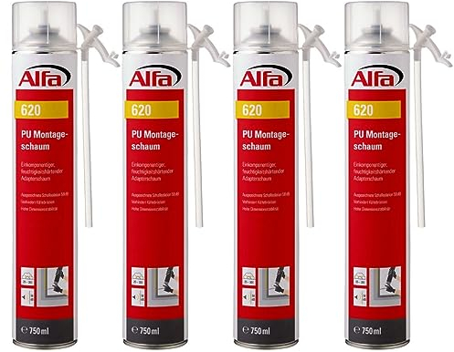 4x Alfa Einkomponentiger, feuchtigkeitshärtender Adapterschaum 750 ml Montageschaum