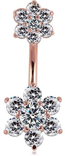 MONSTER PIERCING Piercing de Barre de Ventre Double Face en Argent Sterling 925 plaqué Or Rose avec Pierre CZ Transparente Grande et Petite Fleur