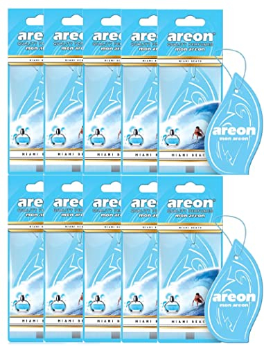 AREON Mon Auto Lufterfrischer Miami Beach Anhänger Hängend Aufhängen Spiegel Blau Duft Autoduft Pappe 2D Wohnung (Set Pack x 10)