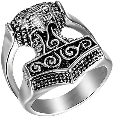 JewelryWe Free Engraving Men's Retro Quake's Hammer Thor Ring High Polished Stainless Steel Band(Size Z+1)