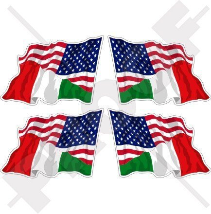 USA Vereinigte Staaten von Amerika und ITALIEN, Amerikanisch und Italienisch Wehende Flagge, Fahne 50mm Auto & Motorrad Aufkleber, x4 Vinyl Stickers (Links - Rechts)
