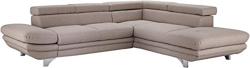 Mivano Ecksofa Enterprise / Trendige Ledercouch in L-Form mit Ottomane rechts / Inkl. höhenverstellbare Kopfstützen / 277 x 75 x 238 / Kunstleder: hellgrau