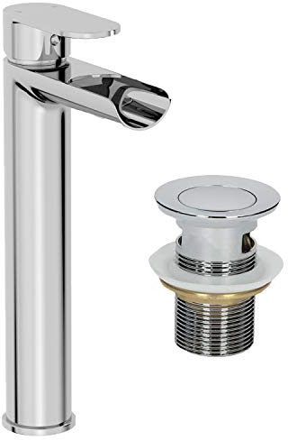 Architeckt® Edsberg Bathroom High Rise Waterfall Basin Sink Mixer Tap with Waste for Countertop Modern Mono Round Single Lever Handle Faucet for Sinks, Chrome