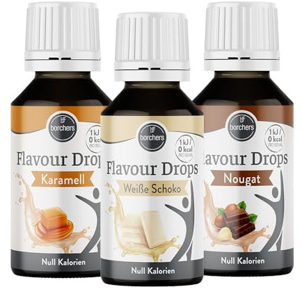 borchers Flavour Drops Probierpaket | je 1 x Weiße Schokolade, Karamel und Nougat | 3 x 30 ml | 0 Kalorien | Süßstoff Flüssig | Zum Kochen und Backen | Für Getränke