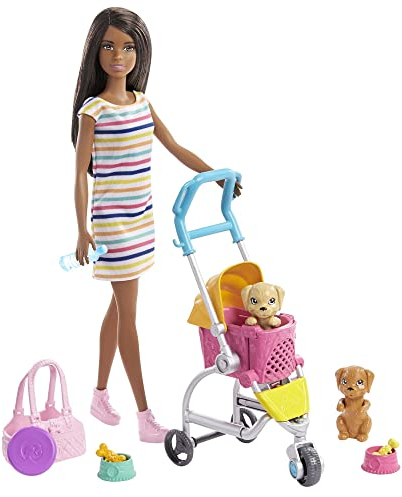 Barbie GHV93 Hundebuggy Spielset Puppe, 2 Hündchen und Wagen für die Hündchen