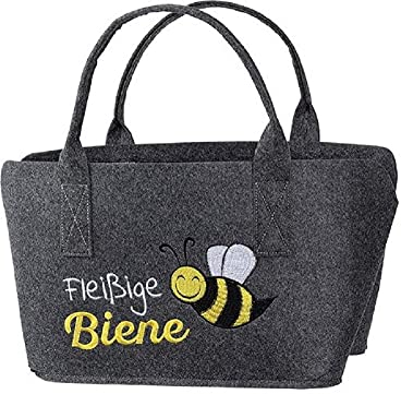 Rostalgie Einkaufstasche Filz Fleißige Biene mit Motiv gestickt 40 x 25 cm Filztasche Handarbeit (Dunkelgrau)