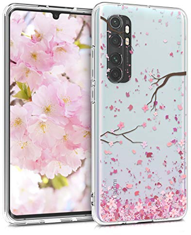 kwmobile Custodia Compatibile con Xiaomi Mi Note 10 Lite - Cover Silicone TPU - Protezione Back Case - Pioggia di petali rosa/marrone scuro/trasparente