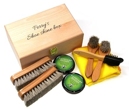 Personalised premium wax shoe cleaning kit in beech wood valet box