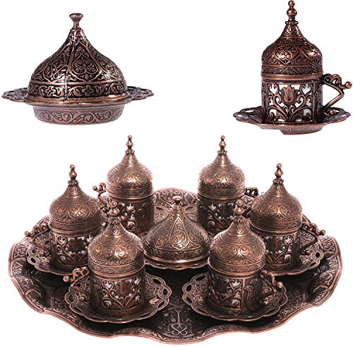 Alisveristime Türkische Espresso-Kaffeetassen mit Untertasse, Deckel, traditionelles osmanisches Tulpenmotiv (mehrere Farbvarianten) (Lale) (Kupfer), 6-teiliges Set