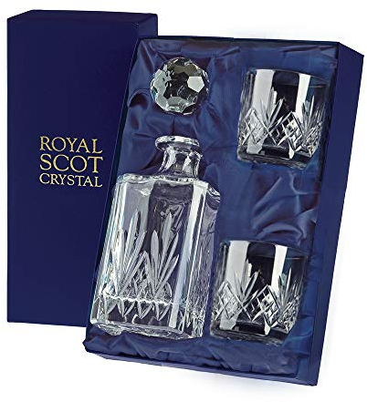 Royal Scot Crystal Highland Whisky Set (Sq Spirit Decanter & 2 Old Fashioned Tumblers) (Presentation Boxed)