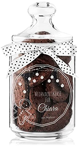Maverton Keksglas mit Gravur Glasbehälter mit Deckel Bonbonglas mit eleganter Schleife - Vorratsglas personalisiert Geschenk für Naschkatzen & Hobbybäckerin - Weihnachtsgeschenke - Lebkuchenmann