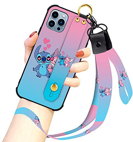 cuwana Cartoon Case for iPhone 13 Pro Max Case 6.7 Inch Stitch Angel Cute Cartoon Character Design with Lanyard Wrist Strap Band Holder Shockproof Protection Bumper Kickstand Cover