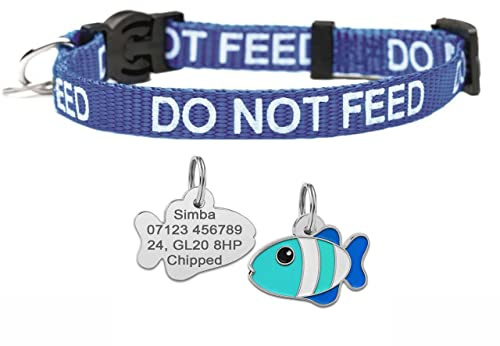 Do Not Feed Katzenhalsband mit persönlicher Gravur, Fischform, Haustiermarke, Blau