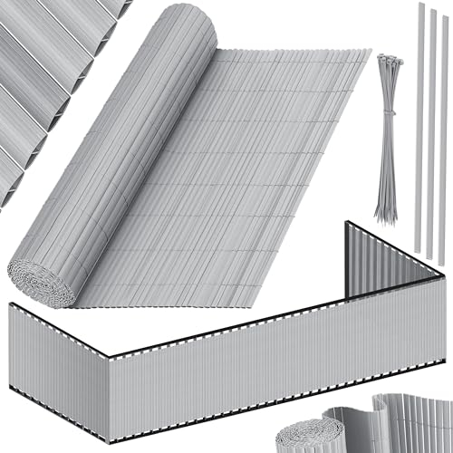 KESSER® PVC Sichtschutzmatte Sichtschutzzaun 80x500cm Balkonverkleidung Windschutz verstärkte Lamellen für Garten Balkon & Terrasse Balkonumrandung inkl Kabelbindern, Abdeckung & Handschuhe Hellgrau