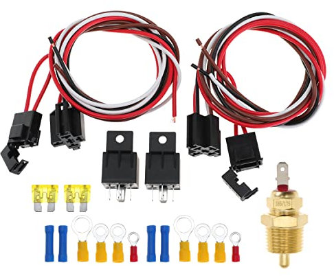 Dual Electric Fan Wiring Kit With Thermostat Radiator Temperature Sensor Switch 185 On 175 Off, Cooling Thermostat Kit 4 Pin, 40 AMP Waterproof Relay Kit