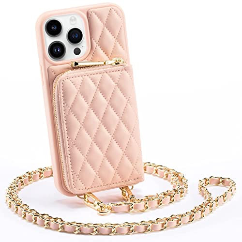 CUSTYPE iPhone 14 Pro Max Hülle Mit Geldbörse Aus Mikrofaserleder - Handykette Mit Band Und Kartenfach Für Apple 6,7 Rosa