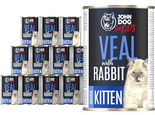 John Dog for Cats Nassfutter für Kätzchen - hochwertiges Nassfutter für wachsende Kitten - 100% natürlich Katzenfutter ohne Getreide - Kalb & Kaninchen 400g (12er Pack)