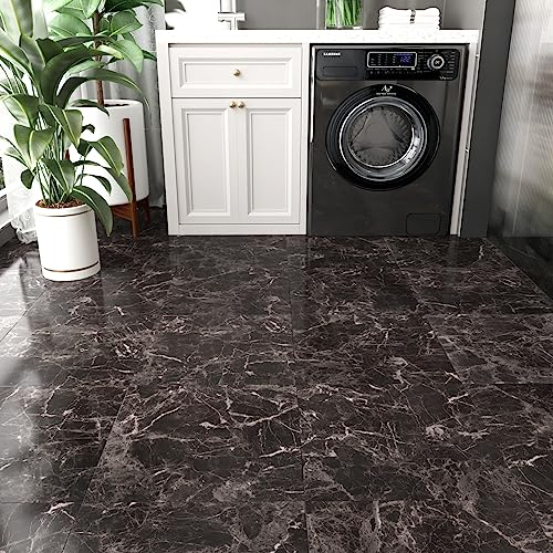 Yullpaper Marble Vinyl Flooring Glossy Black Self Adhesive Floor Tile Waterproof Kitchen Floor Tiles Stick on Floor Tiles for Bathroom Peel and Stick Floor Tiles for Living Room 4 PCS,30 x 30cm