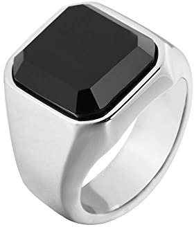 OAKKY Achat Ring für Herren Edelstahl Jahrgang Quadratischer schwarzer Onyx Versprechensring Silber Größe 60 (19.1)